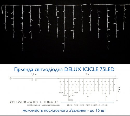 Led гирлянда DELUX Icicle 75шт 2х0,7м желтый/белый 90015184