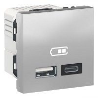 Двойная USB розетка A+C . Schneider Unica New, NU301830, алюминий