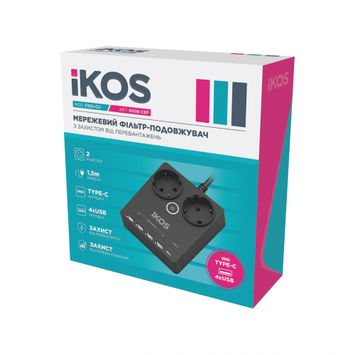 Мережевий фільтр-подовжувач IKOS F25S-CU 2 розетки/4USB/Type-C 1.5м black 0006-CEF