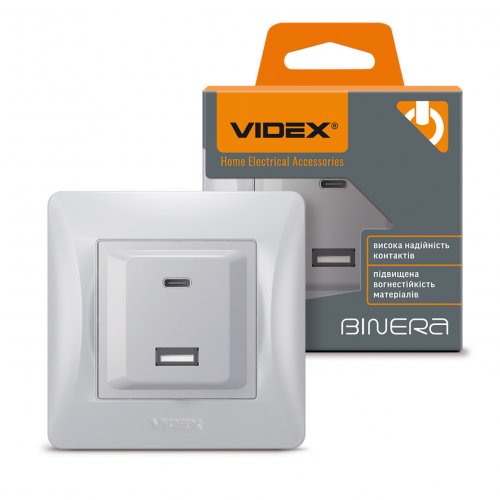 Розетка Videx Binera USB-A + USB-C PD20W подвійна срібло VF-BNCHRUC20-SS