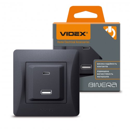 Розетка Videx Binera USB-A + USB-C PD20W двойная черный графит VF-BNCHRUC20-BG