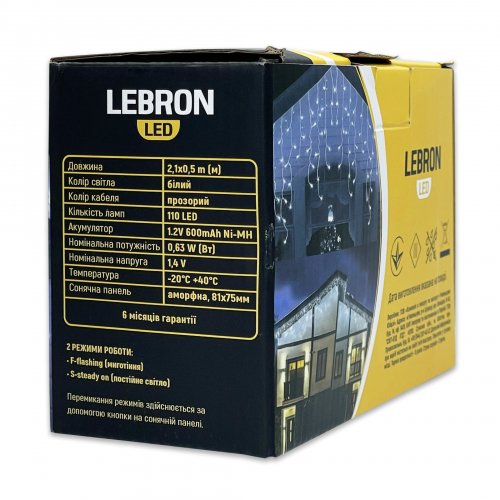 Уличная гирлянда на солнечной батарее Lebron штора 2.1х0.5м 110LED IP44 аккумуляторная белый 15-17-80