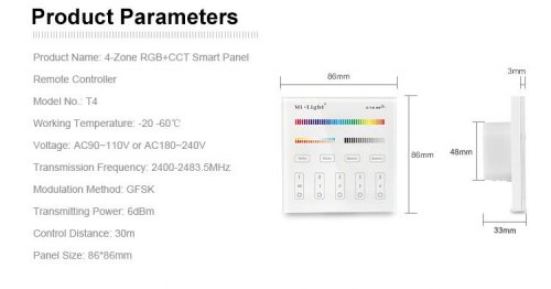 Настенный смарт пульт Mi-Light для ДУ 4-зональный RGB+CCT 220VАС White/RGB/RGBW/CCT 2,4 GHz TL4