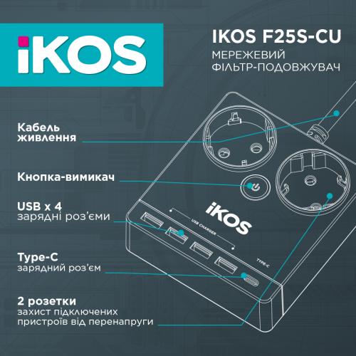 Мережевий фільтр-подовжувач IKOS F25S-CU 2 розетки/4USB/Type-C 1.5м black 0006-CEF