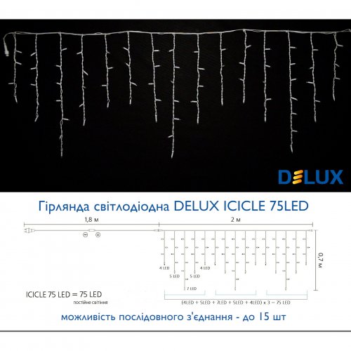 Led гірлянда DELUX Icicle 75шт 2х0.7м IP44 білий/білий 90016588