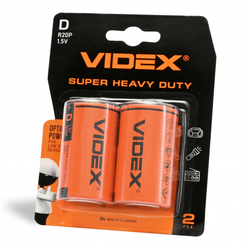 Батарейки сольові Videx R20P/D BLISTER 2шт. R20P/2B/D/1.5V