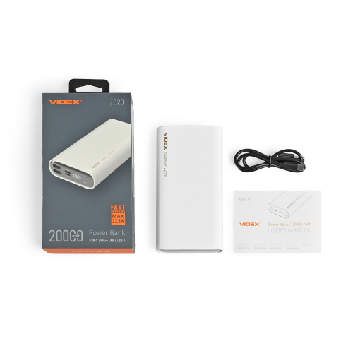 Портативний зарядний пристрій (повербанк) Videx 20000mAh 22.5W White VPB-320-W