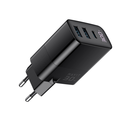 Мережевий зарядний пристрій  HAVIT GaN 30W 2хUSB-A+USB-C HV-UCLE001-BK