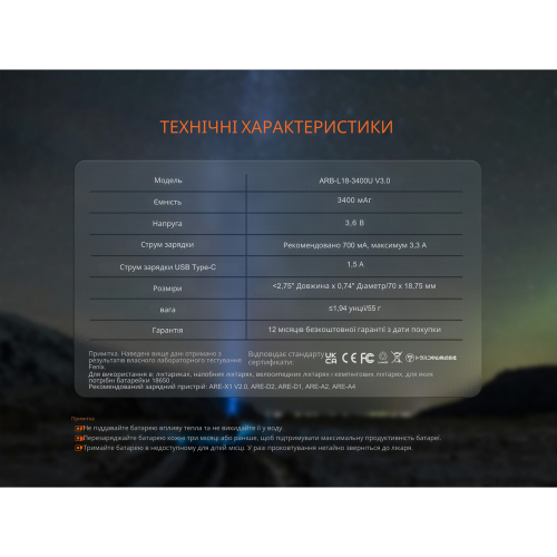 Аккумулятор Fenix Li-Ion 18650 3400mAh Type-C ARB-L18-3400U-V30