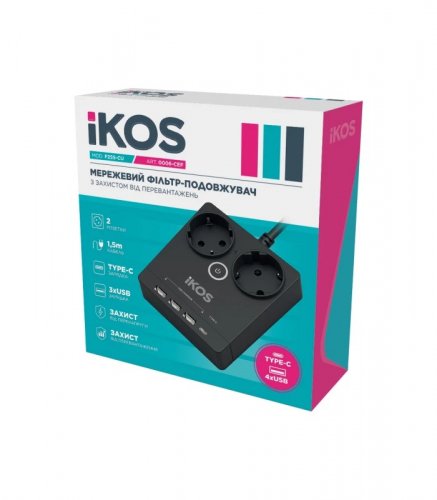 Мережевий фільтр-подовжувач IKOS F25S-CU 2 розетки/4USB/Type-C 1.5м black 0006-CEF