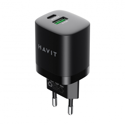 Мережевий зарядний пристрій HAVIT GaN 30W USB+USB-C HV-UC30, black