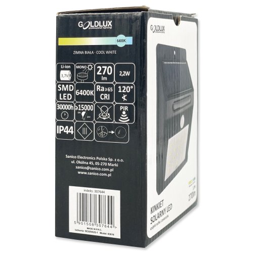 LED светильник уличный Goldlux Box на солнечной батарее 2.2W 6400К IP44 с датчиком движения 307644