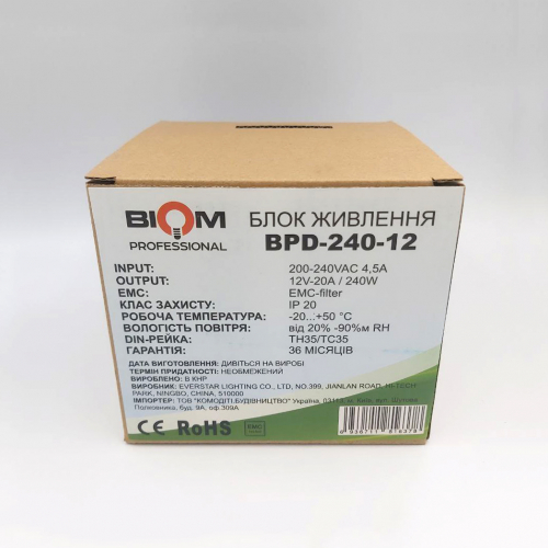 Блок питания Biom на DIN-рейку TH35/ЕС35 360W 30A 12V IP20 BPD-360-12 21774