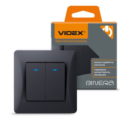 Выключатель Videx Binera черный графит 2кл с подствекой VF-BNSW2L-BG