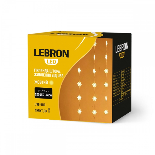 Led гірлянда Lebron L-CL-2025 штора 200LED 3х2м IP20 USB пульт ДК жовтий 15-18-97