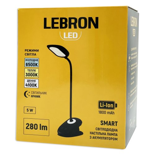 Настільна LED лампа акумуляторна Lebron L-TL-7506BL гнучка 5W 3000-6500K чорний 15-13-53