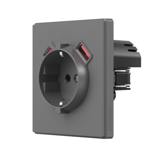 Розетка Videx Nota USB-A + USB-C 20W одинарная с заземлением серый графит VF-NT-SK1GUC-GR