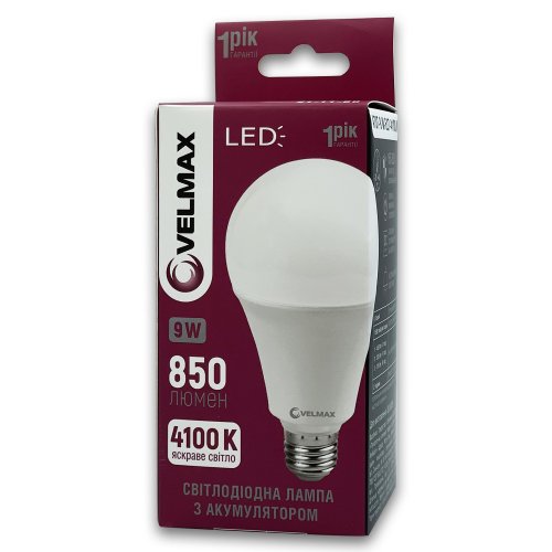 Світлодіодна LED лампа Velmax V-A70T 9W Е27 4100K з акумулятором 21-11-80