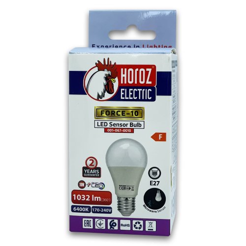 Світлодіодна LED лампа з датчиком руху Horoz "FORCE - 10" 10W 6400К A60 E27 з сутінковим датчиком 001-067-0010-010