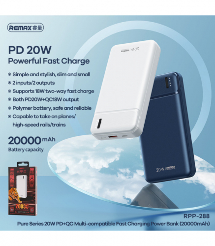 Портативний зарядний пристрій УМБ повербанк Remax Pure Series 20Вт + 18Вт PD+QC 20000MAH WHITE RPP-288 W