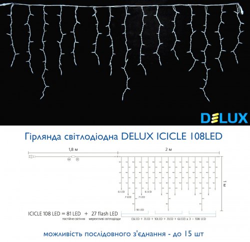 Led гірлянда DELUX Icicle 108шт 2х1м теплий білий 90012948