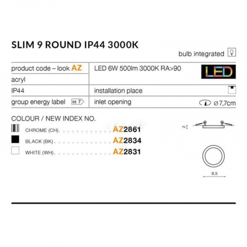 Точечный светильник Azzardo Slim Round 9 WH 6W 3000K IP44 500лм AZ2831