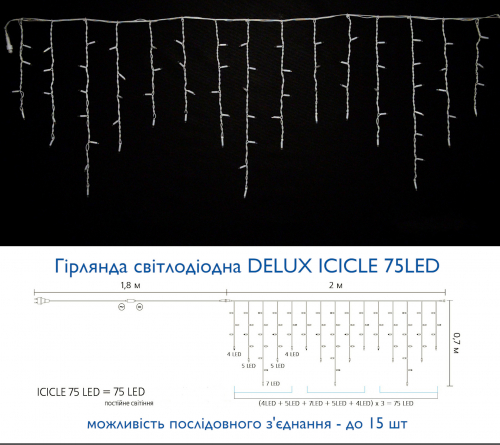 Led гірлянда DELUX Icicle 75шт 2х0,7м жовтий 90016590