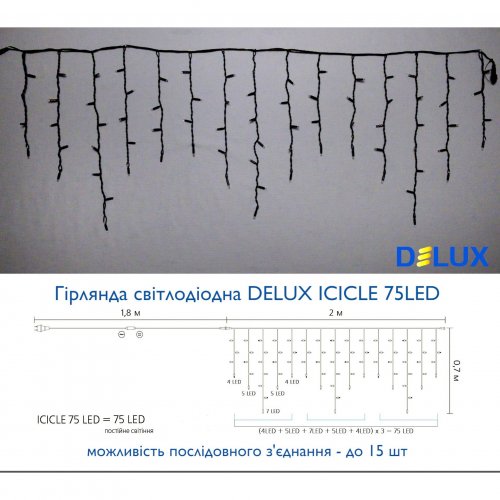 Led гирлянда DELUX Icicle 75шт 2х0.7м IP44 желтый/черный 90016591