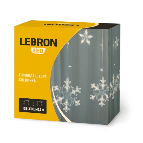 LED гирлянда Lebron штора 3x0,7м снежинка 138LED 220В желтая 15-18-95