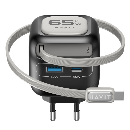 Мережевий зарядний пристрій HAVIT UC253 GaN 65W USB-A+USB-C з кабелем USB-C HV-UC253-BK