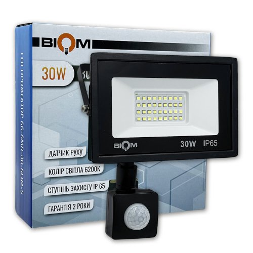 Світлодіодний LED прожектор Biom 30W 6200К IP65 220V з датчиком руху S6-SMD-30-Slim+Sensor