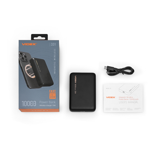 Портативное зарядное устройство (повербанк) Videx 10000mAh PD20W с беспроводной зарядкой Black VPB-331-B