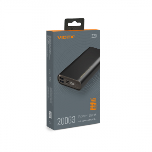 Портативний зарядний пристрій (повербанк) Videx 20000mAh 22.5W Black VPB-320-B