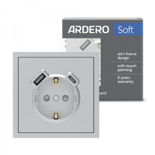 Розетка Ardero Soft ER123USB-S USB-A + USB-C 20W одинарная с заземлением серебро 8669