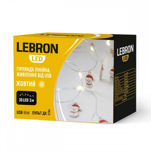 Led гірлянда Lebron L-CL-2028 лінійна Металеві сніговики 30LED 3м IP20 USB пульт ДК жовтий 15-18-16