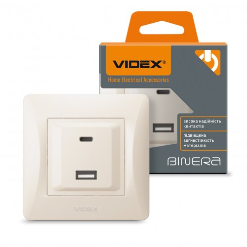 Розетка Videx Binera USB-A + USB-C PD20W двойная кремовая VF-BNCHRUC20-CR