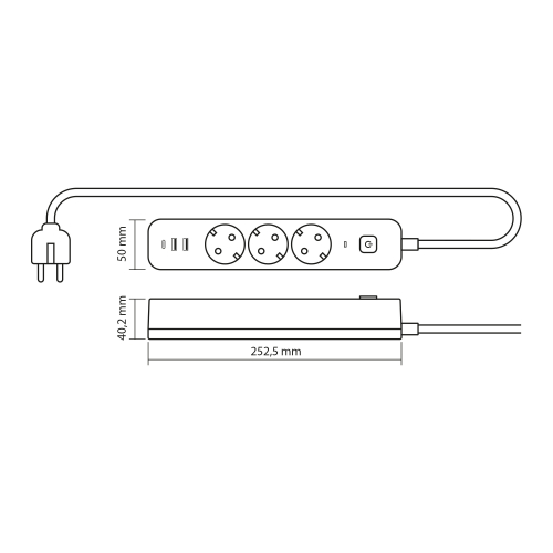 Подовжувач Videx ONCORD на 3 гнізда 16А 2USB+USB-C 3 метра з заземленням і кнопкою чорний VF-PD33G2U1C-B