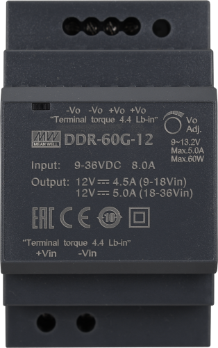 Изолированный DC/DC-преобразователь Mean Well на DIN-рейку 60W 5A 12V DDR-60G-12