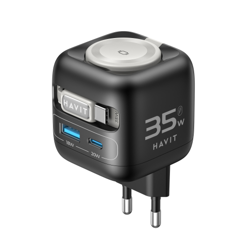 Мережевий зарядний пристрій HAVIT UC250 GaN 35W USB-A+USB-C з кабелем USB-C Watch Charger HV-UC250-BK