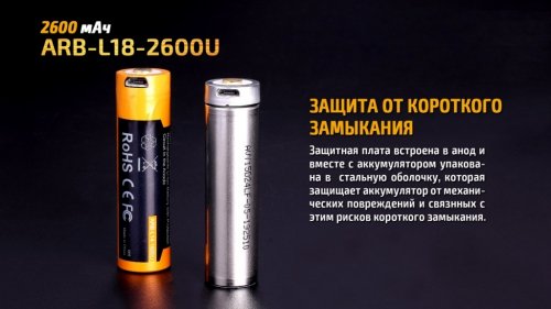 Аккумулятор 18650 Fenix ​​2600 mAh micro usb зарядка ARB-L18-2600U