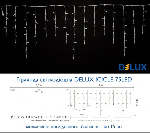 Led гирлянда DELUX Icicle 75шт 2х0,7м желтый 90012953