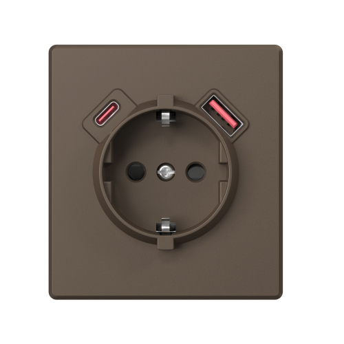 Розетка Videx Nota USB-A + USB-C 20W одинарная с заземлением мокко VF-NT-SK1GUC-BR