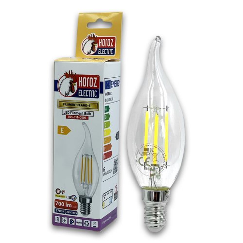 Світлодіодна LED лампа Horoz Filament свічка на вітрі FLAME- 6 6W E14 2700K 001-014-0006-010