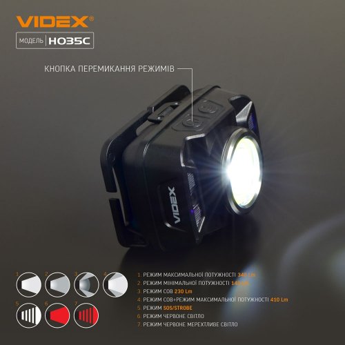 Налобний світлодіодний акумуляторний ліхтар Videx H035C 410Lm 5000K IP65 VLF-H035C