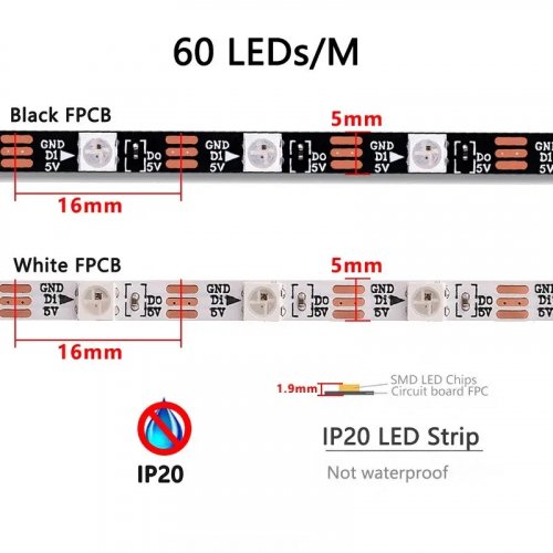 Адресная Smart LED лента LT WS2812B SMD5050 RGB 60шт/м 18W/m 5V IP20 93009