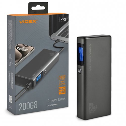 Портативний зарядний пристрій (повербанк) Videx 20000mAh 130W +Display VPB-323-B