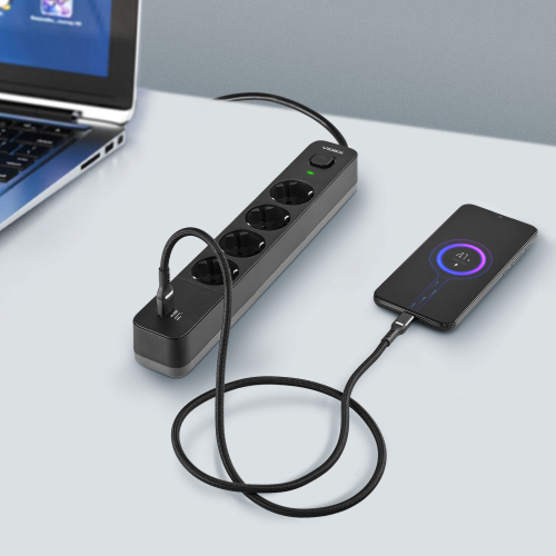 Подовжувач Videx ONCORD на 4 гнізда 16А USB + USB-C 3 метра з заземленням і кнопкою чорний VF-PD43G1QC1PD-B