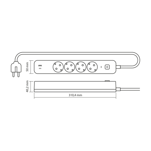 Удлинитель Videx ONCORD на 4 гнезда 16А USB + USB-C 3 метра с заземлением и кнопкой черный VF-PD43G1QC1PD-B