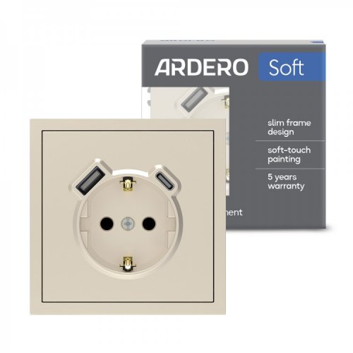 Розетка Ardero Soft ER123USB-C USB-A + USB-C 20W одинарная с заземлением шампань 8680