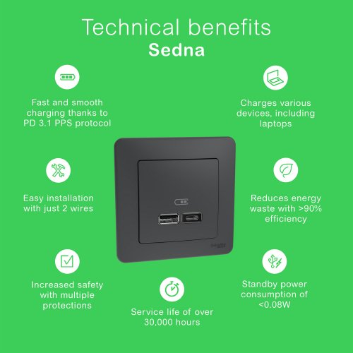 Розетка Schneider Sedna Design з заземленням USB A+С IP20 чорний SDD114402